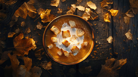 Bowl of golden pumpkin soup with cream and toasted croutons, placed on a dark background with scattered autumn leaves. Top-down cozy food shot.の素材