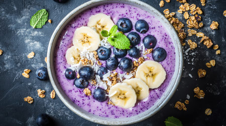 Blueberry and coconut smoothie bowl with granola, banana slices, and mint garnish. Flat lay on a dark stone tabletop with scattered ingredients.の素材