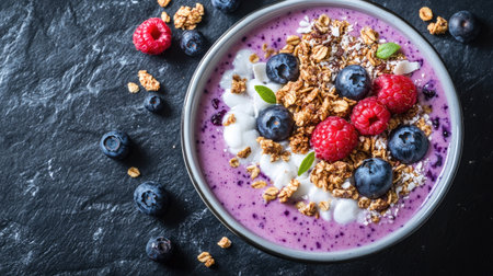 Creamy blueberry and coconut smoothie bowl garnished with granola, nuts, and fresh berries. Flat lay composition on a dark stone surface.の素材