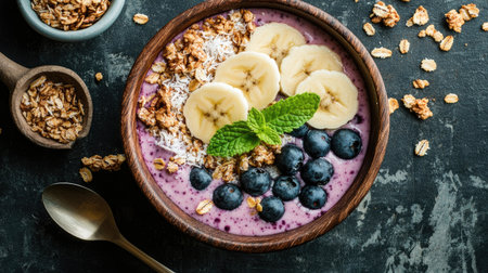 Blueberry and coconut smoothie bowl with granola, banana slices, and mint garnish. Flat lay on a dark stone tabletop with scattered ingredients.の素材