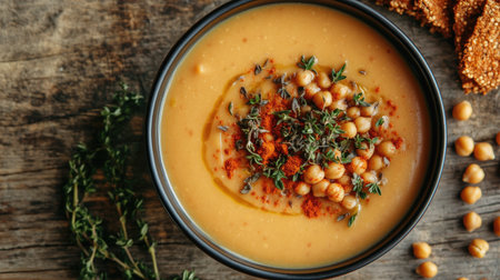 Bowl of hot red lentil soup, garnished with paprika chickpea crisps and dried herbs. A delicious and nutritious plant-based meal, minimal top-down view.の素材