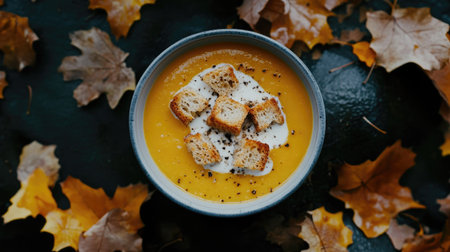 Bowl of golden pumpkin soup with cream and toasted croutons, placed on a dark background with scattered autumn leaves. Top-down cozy food shot.の素材