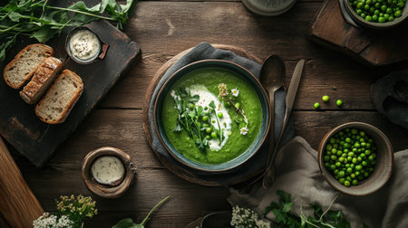 Bowl of asparagus and watercress soup, garnished with fresh peas, wild garlic, and toasted bread with a spread of homemade ramson cream cheese.の素材