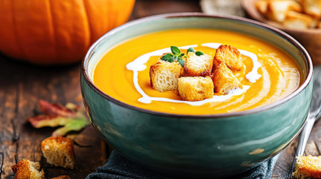 Autumn-inspired pumpkin soup with a smooth creamy texture, drizzled with cream, and topped with crunchy croutons, served in a ceramic bowl.の素材