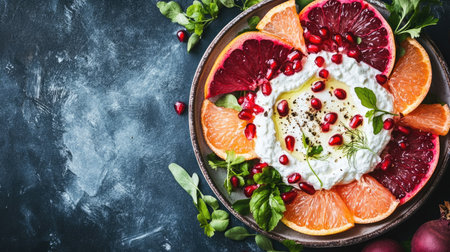 Creamy labneh dip with roasted beetroot, pomegranate, grapefruit slices, fennel shavings, and a sprinkle of sumac, beautifully plated on a rustic dish.の素材