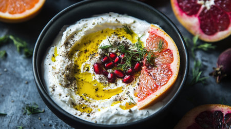 Bright and flavorful labneh dip with a drizzle of olive oil, topped with citrusy grapefruit, sumac, roasted beetroot, pomegranate, and fennel.の素材