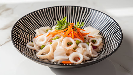 Cold squid salad with daikon, carrots, and a light vinegar dressing, plated in a minimalist Japanese ceramic bowl.の素材