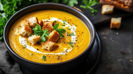Bowl of homemade pumpkin soup with toasted croutons, fresh herbs, and a swirl of cream, placed on a moody dark background.の素材