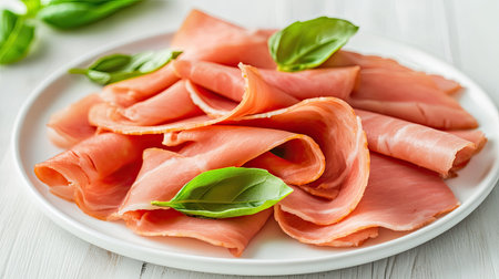 Delicate slices of turkey ham, artistically arranged on a white plate with basil garnish. A fresh and healthy ingredient for sandwiches, top view.の素材