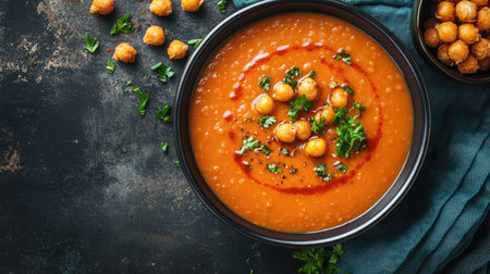 Bowl of spiced red lentil soup with golden-brown crispy chickpeas, seasoned with paprika and herbs. Comforting plant-based dish, top-down flat lay.の素材