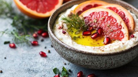 Bright and flavorful labneh dip with a drizzle of olive oil, topped with citrusy grapefruit, sumac, roasted beetroot, pomegranate, and fennel.の素材