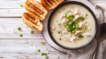 Creamy Parmentier soup with baked turkey slices, chopped green onion, and grilled bread on a white wooden table. Traditional French comfort food.の素材