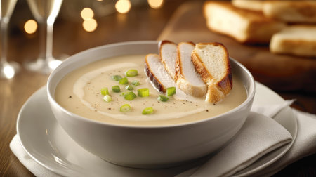 Classic French Parmentier soup with a warm and silky onion base, juicy turkey slices, and green onion garnish, paired with grilled bread.の素材