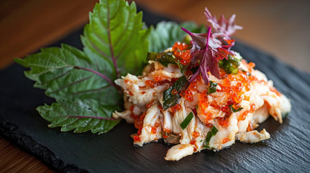 Close-up of spicy mentaiko, a delicacy made from Alaska pollock roe, presented on a black slate plate with shiso leaves.の素材