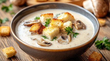 Classic and comforting bowl of mushroom cream soup with golden croutons, served on a rustic wooden table, perfect for cozy meals.の素材