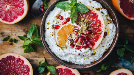 Creamy labneh with bright pomegranate seeds, caramelized roasted beets, fennel, grapefruit, and a sprinkle of sumac spice. Vibrant Lebanese dish.の素材