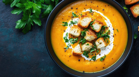Bowl of homemade pumpkin soup with toasted croutons, fresh herbs, and a swirl of cream, placed on a moody dark background.の素材