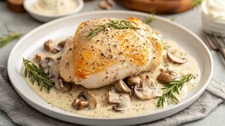 Classic roasted chicken breast with a luxurious mushroom and cream sauce, presented in a white ceramic plate on a gray stone table.の素材