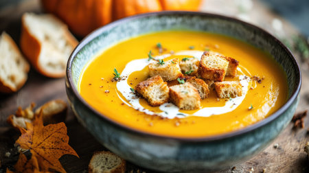Autumn-inspired pumpkin soup with a smooth creamy texture, drizzled with cream, and topped with crunchy croutons, served in a ceramic bowl.の素材