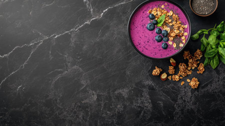Creamy coconut and blueberry smoothie bowl with granola, nuts, and chia seeds, artistically styled on a dark stone tabletop.の素材