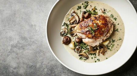 Creamy roasted chicken breast with sauted mushrooms and garlic, served in a white ceramic form on a modern gray concrete table.の素材