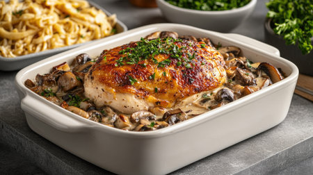 Creamy roasted chicken breast with sauted mushrooms and garlic, served in a white ceramic form on a modern gray concrete table.の素材