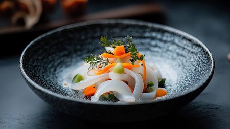 Cold squid salad with daikon, carrots, and a light vinegar dressing, plated in a minimalist Japanese ceramic bowl.の素材