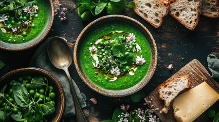 Delicious green soup made from asparagus, peas, and watercress, topped with wild garlic and served with toasted bread and ramson cheese.の素材