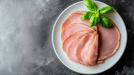 Breakfast preparation with turkey ham slices, beautifully curled on a white plate. Fresh basil garnish and clean gray table setting, top-down shot.の素材