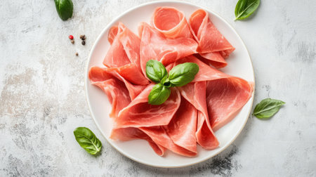 Delicate slices of turkey ham, artistically arranged on a white plate with basil garnish. A fresh and healthy ingredient for sandwiches, top view.の素材