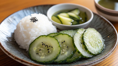 Classic Fukujinzuke pickles, thinly sliced and soaked in soy sauce, arranged on a small plate with a side of steamed rice and miso soup.の素材