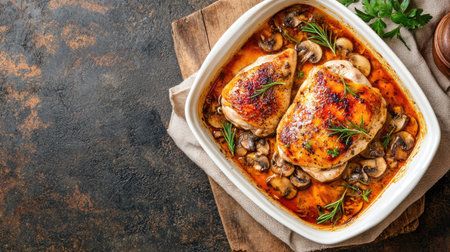 Comforting roasted chicken breast with creamy mushroom sauce, elegantly served in a white ceramic baking dish. Top view, rustic background.の素材
