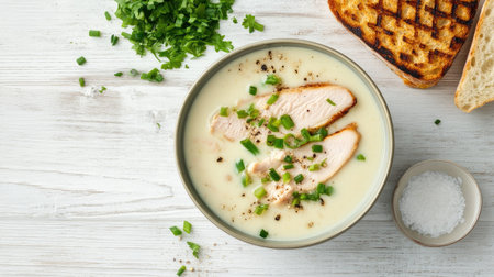 Creamy Parmentier soup with baked turkey slices, chopped green onion, and grilled bread on a white wooden table. Traditional French comfort food.の素材