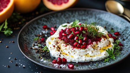 Creamy labneh with bright pomegranate seeds, caramelized roasted beets, fennel, grapefruit, and a sprinkle of sumac spice. Vibrant Lebanese dish.の素材