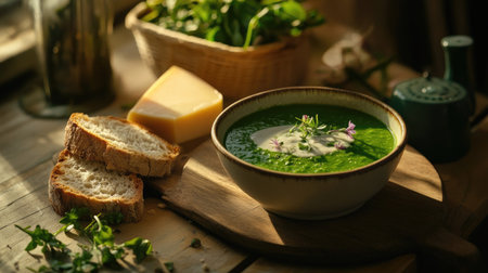 Delicious green soup made from asparagus, peas, and watercress, topped with wild garlic and served with toasted bread and ramson cheese.の素材