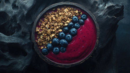 Delicious homemade smoothie bowl with coconut yogurt, blueberries, and crunchy granola. Top-down food photography on a textured dark surface.の素材