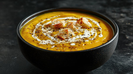 Elegant food photography of a bowl filled with golden pumpkin soup, swirled with cream and sprinkled with toasted croutons, on a black backdrop.の素材