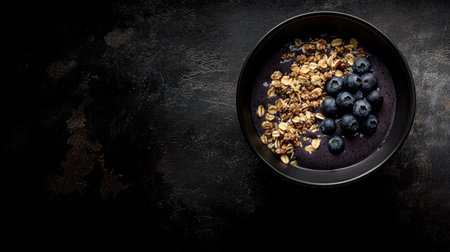 Delicious homemade smoothie bowl with coconut yogurt, blueberries, and crunchy granola. Top-down food photography on a textured dark surface.の素材