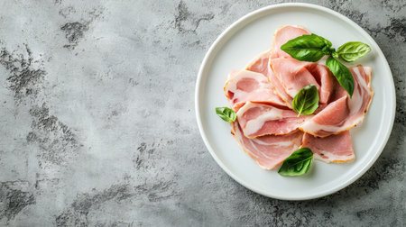 Elegant food presentation turkey breast ham slices on a white ceramic plate, garnished with basil leaves. Gray table setting, top view with copy space.の素材