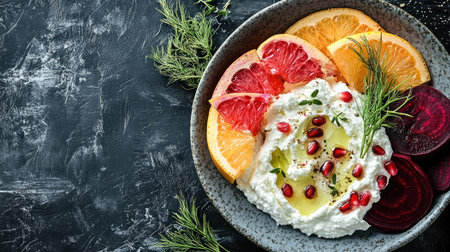 Flavorful and healthy labneh dip beautifully plated with grapefruit segments, pomegranate, roasted beetroot slices, fennel, and sumac.の素材