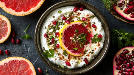 Fresh and tangy labneh dip with sumac seasoning, roasted beetroot, juicy pomegranate seeds, fennel, and grapefruit slices. Middle Eastern aesthetic.の素材