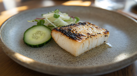 Fresh mentaiko, perfectly seasoned and placed on a Japanese ceramic plate with a side of sliced cucumbers and pickled daikon.の素材