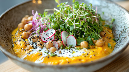 Golden pumpkin and carrot soup in a bowl, topped with crunchy chickpeas, radish microgreens, and a touch of cream for the perfect fall meal.の素材