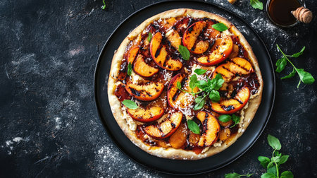 Gourmet dessert pizza with grilled peaches, cream cheese, honey, and coconut. Top-down view with fresh ingredients.の素材