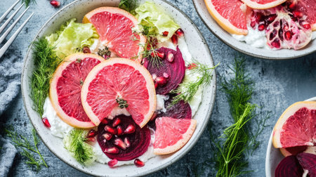 Healthy and delicious labneh bowl with Middle Eastern toppings sumac, grapefruit wedges, roasted beetroot, fennel, and fresh pomegranate arils.の素材