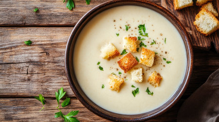 Classic and comforting bowl of mushroom cream soup with golden croutons, served on a rustic wooden table, perfect for cozy meals.の素材