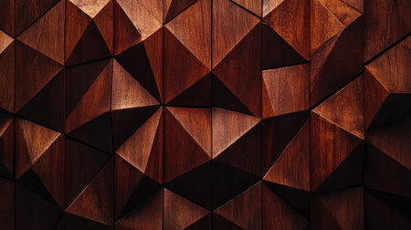 Detailed view of a wooden wall with repeating triangular patterns in rich brown tones, creating a bold geometric backgroundの素材