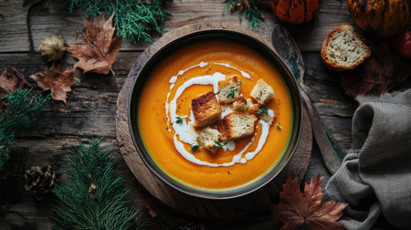 Delicious seasonal pumpkin soup with a velvety texture, topped with croutons and swirls of cream, beautifully arranged on a dark autumn backdrop.の素材