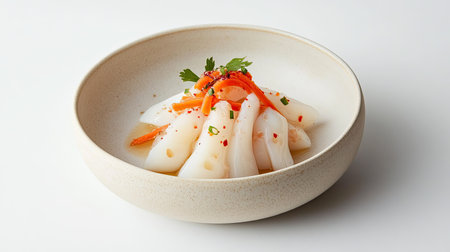 Cold squid salad with daikon, carrots, and a light vinegar dressing, plated in a minimalist Japanese ceramic bowl.の素材