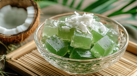 A glass bowl filled with pandan coconut jelly cubes and nata de coco, garnished with coconut shavings, placed on a bamboo tray.の素材